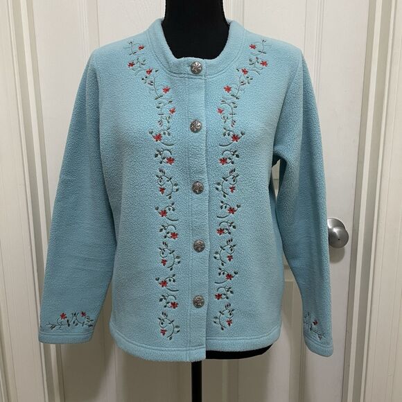 LL Bean POLARTEC Button Up Cardigan Sweater Blue Embroidered Fleece Womens Small - Picture 1 of 7